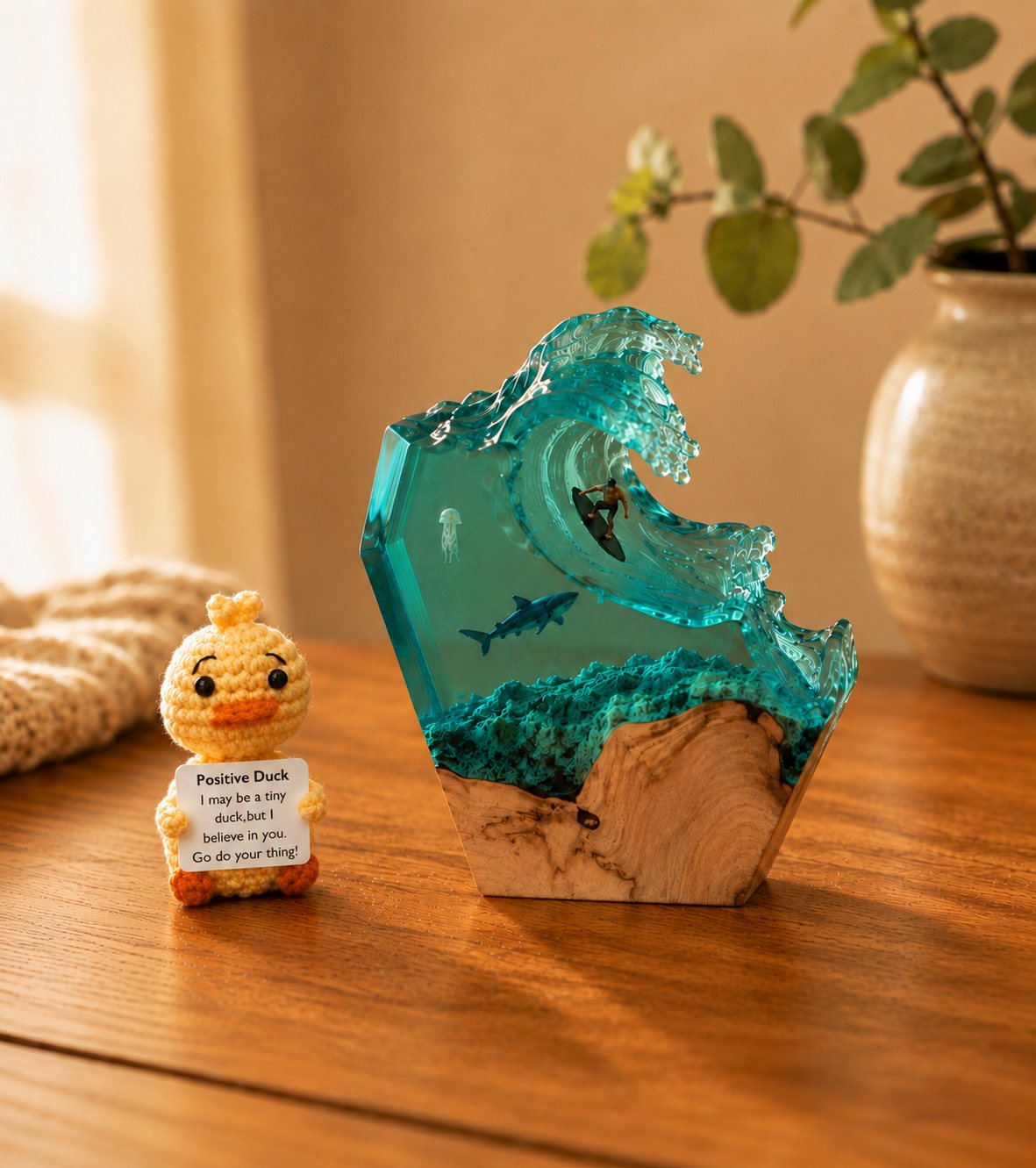 Ocean wave lamp and one crochet duck together