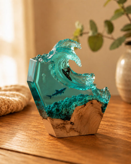 Ocean wave resin lamp seen from an angle on a wooden desk