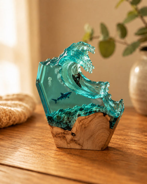 Ocean wave resin lamp with surfer on a teal wave, burl wood base