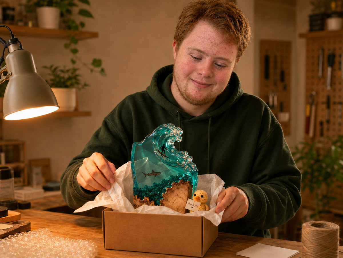 Charlie packing a wave lamp order by hand