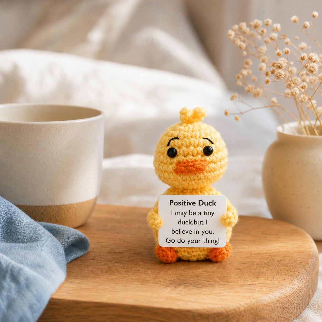 Crochet duck on a bedside board next to a morning coffee