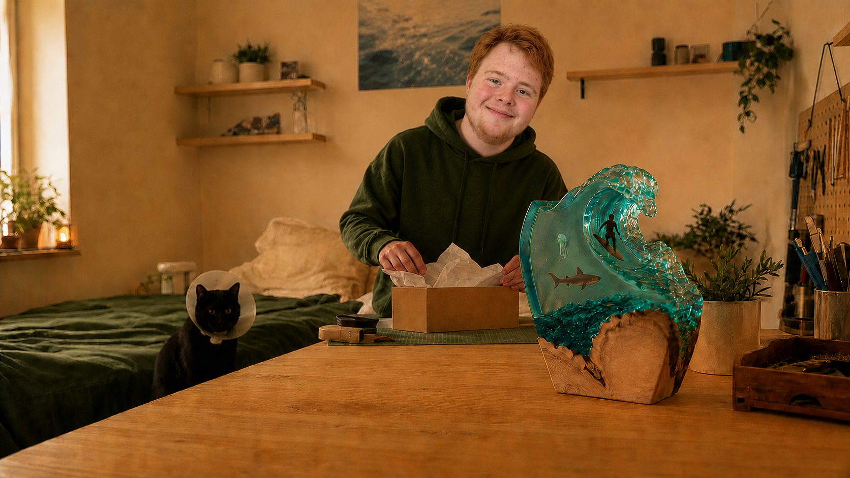 Charlie packing an ocean wave resin lamp at his workbench, with his cat Millie nearby