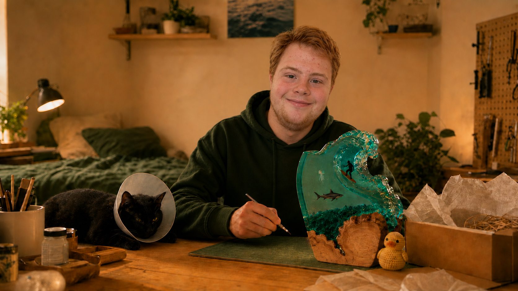 Charlie working on a wave lamp at his desk while Millie the cat watches